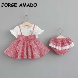 Summer Kids Girls 2-pcs Sets Two Fake Plaid Bow Skirts +lace Shorts Children Outfits E294 210610