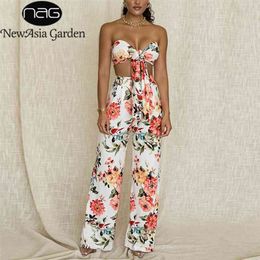 Asia Floral Crop Top Long Pant Two Piece Set Women Summer Sexy Off Shoulder Knotted Tops Wide Leg Pants Party 2 Piece Sets 210709