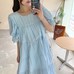 Korean Chic Bow Hollow Out Back Lace Up O Neck Puff Sleeve Blue Dress Women Pleated Elegant Summer Vestido Feminino Loose 210610