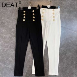 DEAT Autumn Spring Women Fashion Double Breasted Golden Button Decoration High Waist Slim Casual Pencil Pants RC768 211112