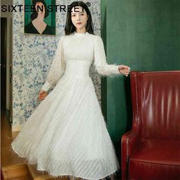 women's clothing maxi dress Korea style rice white feather tassel elegant dresses autumn spring party wear round neck 210603