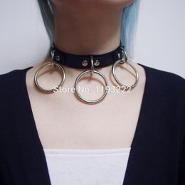 Punk Amo Heavy Duty 3 O Round Metal Circle Necklace Real Leather Vinyl Choker Collar Chaplet Chokers