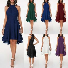Women Summer DrElegant Halter SleevelSolid Colour Party Dresses High Waist Irregular Hem Chiffon DrSlim Midi Dress X0529