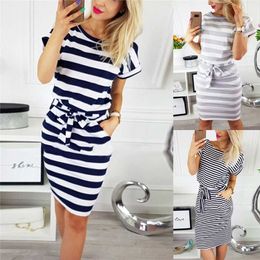 Maternity Dresses Fashion Short Sleeve Dress Shows Thin Round Neck Stripe High Waist Medium Length Pregnant Clothes Q0713
