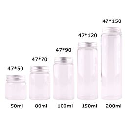 12pcs Dia 47mm 50ml/80ml/100ml/150ml/200ml Transparent Glass Spice Bottles Jar Terrarium with Silver Aluminum Lid Wedding Gift 210330