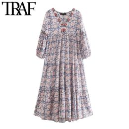 TRAF Women Chic Fashion With Embroidery Print Pleated Midi Dress Vintage V Neck Lantern Sleeve Female Dresses Vestidos 210415