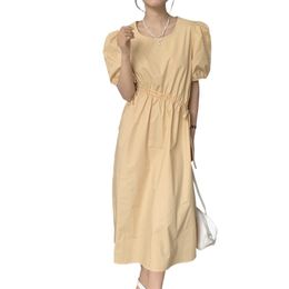 Fashion women's dress summer simple oblique drawstring folds set waist slimming puff sleeve round neck for women 210520