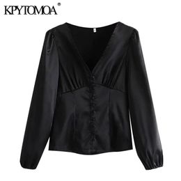 Women Fashion With Buttons Soft Touch Black Blouses V Neck Long Sleeve Female Shirts Blusas Chic Tops 210420