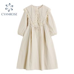 Chic Retro Dress Women Sweet Lace Peter Pan Collar French Elegant Puff Three Quarter Sleeve Lace Up Fairy Frcoks Rok Summer 210417