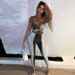 QuanRun Sexy Women Backless Constrast Colour Front Drawstring Halter Jumpsuits Fashion Casual Femmal Party Club Streetwear 210604