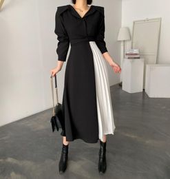 Casual Dresses Korean Chic Contrast Colour Shirt Dress Autumn Winter 2021 Fashion Black Lace-up Office Lady High Waist Long Sleeve Midi