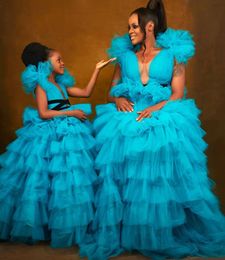 turquoise blue Prom Dresses deep v neck Modest Tiered Ruffles Long Tulle Puffy Tulle Ball 3D Tutu Flower evening Gowns Custom Made Formal Dress