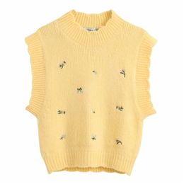 women fashion round collar flower embroidery yellow knitting sweater female casual pullovers chic leisure Jumpers tops S251 210420