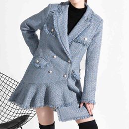 [EWQ] Korea Fashion Trends Slim Women Woolen Coat Spring Autumn New Sweet Full Sleeve Double Breasted Tweed Coats QZ06405 210423
