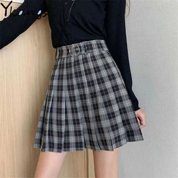Vintage Plaid Pleated Skirt Women College Style High Waist Harajuku Gothic Mini Skirts With Belt Summer Wild A-Line Skirt Trend 210619