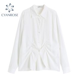 White Draped Long Sleeve Women's Spring Blouses Cardigan Elegant Korean Retro Design Lapel Solid Ins Chic Casual Blusas Top 210417