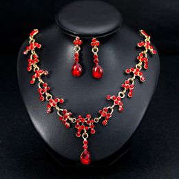 Red Crystal Waterdrop Earring Necklace Sets Bridal Bridesmaid Wedding Jewellery Women Prom Party Jewellery Accessories