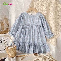 Hiheart Floral Girls Vintage Smocked Dresses Cute Sweet Shirt Spring Autumn Baby Kids Long Sleeve Print PrincFlower Clothes X0803