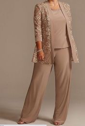 Three -Piece Set Chiffon Pants Suits Mother Of The Bride Dress Lace Long Sleeve Jewel Neck Women's Plus Size Dress