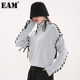 [EAM] Knitting Gray Lace Up Sweater Loose Fit Stand Collar Long Sleeve Women Pullovers Fashion Spring Autumn 7B0327 21512
