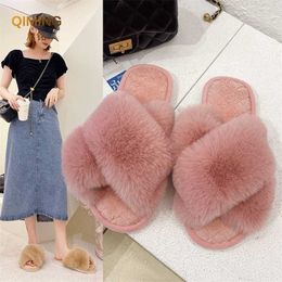 Winter Women House Slippers Plush Faux Fur Warm Indoor Shoes Woman Flats Fluffy Slides Cosy Home Furry Pink Slipper 211110