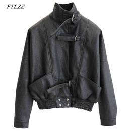Women Faux Leather jacket Batwing Sleeve Loose Biker Coat Casual Autumn PU Outwear Punk Bomber Jackets 210423