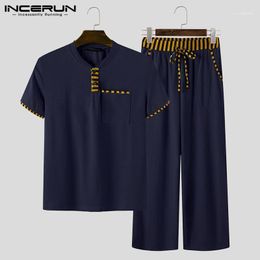 Men's Tracksuits INCERUN Men Sets Casual Homewear V Neck Short Sleeve Patchwork T Shirt Pants Bodybuilding Workout Mens Suit Pyjamas Summer1