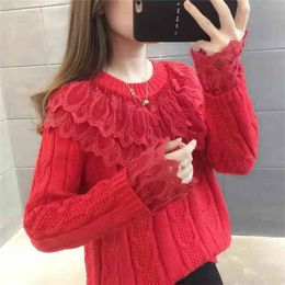 Lace Stitching Sweater Women Red Spring 's Loose-fitting Sweaters Autumn And Winter Tide 210427