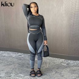 Kliou Printed Casual Stretchy Two Piece Sets Women Active Workout Fitness Tracksuits Pullover Top And High Waist Pants Outfits Y0625