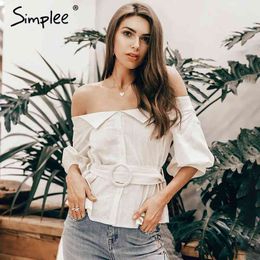 Off shoulder buttons women shirt Summer lantern sleeve sashes cotton female Casual vintage tops and blouse 210414