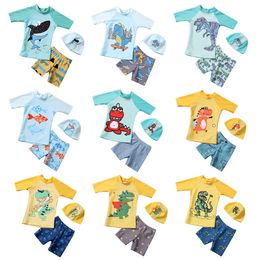 New Swimsuit Cartoon Print Children's Swimwear Boys Upf50 Short Sleeve Toddler Boy Swimming Wear 3 Pcs Bathing Suit Child