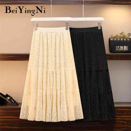 Korean Skirt Women Lace Hollow Out Casual Elegant Midi Skirts Woman Beautiful High Street Plus Size Falda Mujer XL-4XL 210506