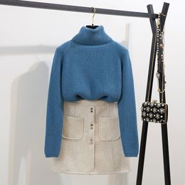 Turtleneck Sweater Suit 2 Pieces Women Clothes Autumn Winter Thick Warm Wool Blue Pullover + Pocket Button Woollen Skirt Set 210416