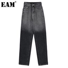 [EAM] High Waist Grey Denim Long Casual Wide Leg Jeans New Loose Women Trousers Fashion Tide Spring Autumn 2021 1DE0177 Q0801