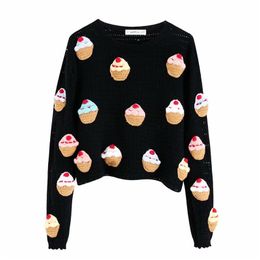 Vintage Sweet Women Cake Pattern Embroidery Short Sweater Fashion Sweet Girls Jumpers Casual Female O-Neck Pullovers 210520