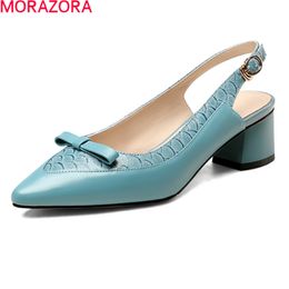 MORAZORA Summer Genuine Leather Sandals Women Fashion Pointed Toe Shallow Party Dress Shoes Solid Color Ladies Single Shoes 210506