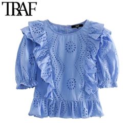 TRAF Women Fashion Cutwork Embroidery Cropped Blouse Vintage O Neck Side Zipper Ruffles Female Shirts Blusas Chic Tops 210415