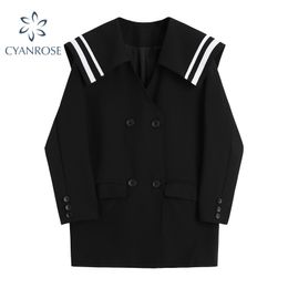 Sailor collar Women's Blazers Black Autumn Designer Vintage Loose Long Sleeve Japanese Tops Outerwear Female Jacket 210417