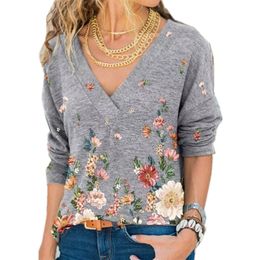 Snake YX Women's Clothing Autumn and Winter Fashion V-neck Flower Print Long-sleeved Casual Loose T-shirt Plus Size 210623