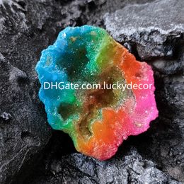 Rainbow Quartz Geode Decor Titanium Bonded Colorful High Energy Crystal Cuarzo Cluster Druzy Agate Gemstone Mineral Specimen Natural Reiki Rock Display Ornament