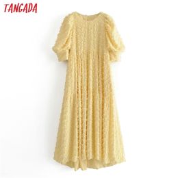 Tangada fashion women solid yellow tassel dress summer short sleeve ladies vintage midi dress vestidos 3H50 210409