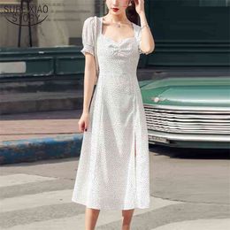 White Polka Dot Dress High Waist Summer Split Midi Long Elegant Woman Party Fashion Square Collar es 13278 210508