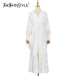 White Dot Print Dress For Women V Neck Lantern Long Sleeve High Waist Sashes Slim Midi Dresses Female Clothing 210520