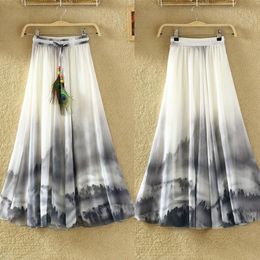 Summer Beach Bohemian Women Chiffon Flower Print Drawstring Maxi Long Skirt Wholesale Dropshipping xxl 4xl 6xl