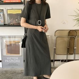 21 Korean Summer Fashion Elegant Casual Home Personality Gray Big Size Solid Color Over-the-knee Robe Dress 21 16F1147 210510