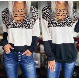 Fashion Casual Loose Women T-Shirts Cross Straps Leopard Color Matching Patchwork V-Neck Long Sleeve Spring Autumn Pullover Tops 210522