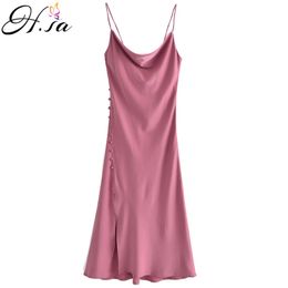 H.SA Woman Satin Sleeveless Spaghetti Strap Straight Solid Shiny Sundress Sexy Imitation Silk Dress Pink Split Vestidos 210417