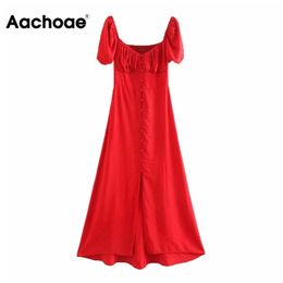 Aachoee longo split sexy vestido vermelho mulheres sopro de manga curta vestido de festa v pescoço uma linha doce midi vestidos com botões robe femme 210413