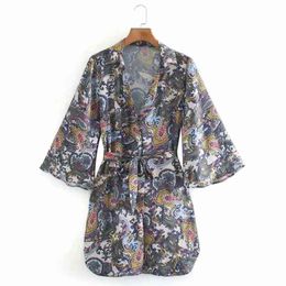 Women Vintage Print Mini Shirts Dress Summer Flare Sleeve V-Neck Sashes Bow Tie es Female Street Elegant vestido 210513