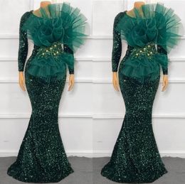 Sexy Mermaid Evening Dresses Long Sleeves with big bow 2021 African Sequins hunter green Prom Dress Formal Gown